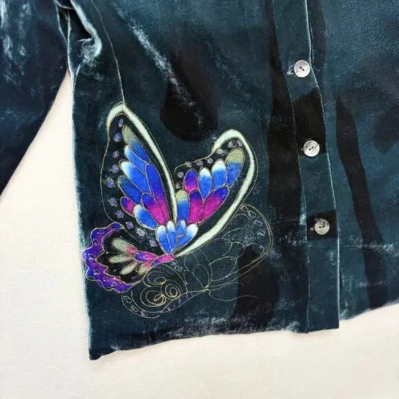 Chicos Green Silk & Velvet Painted Butterfly Kimono Blazer Jacket Size 2 (L/12) - Picture 6 of 12